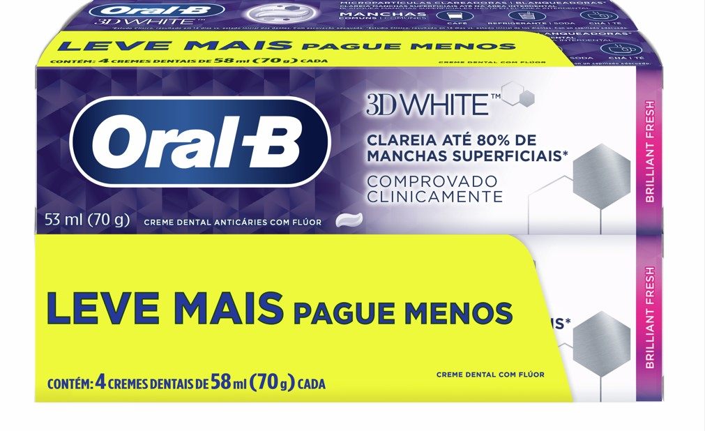CREME DENTAL ORAL-B 3D WHITE BRILLIANT FRESH 70G COM 4 UNIDADES                                     